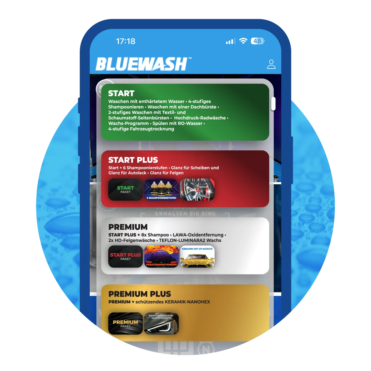 Bluewash App, Schritt 3: Waschpaket oder Service auswählen und per App bezahlen