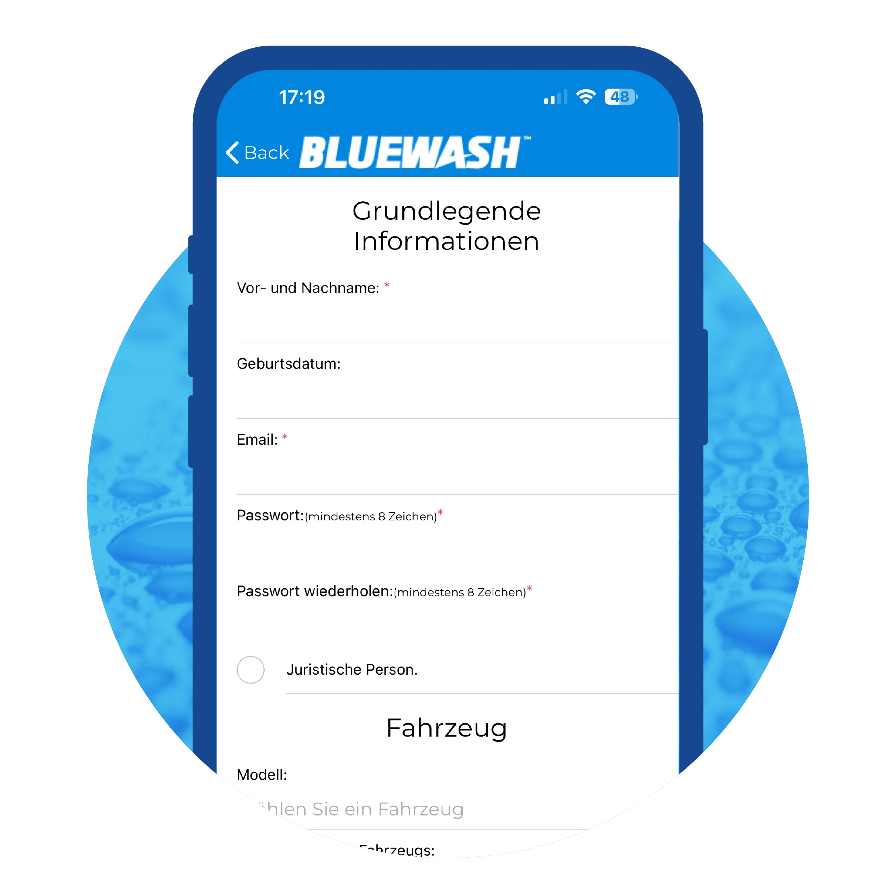 Bluewash App, Schritt 1: App herunterladen und registrieren