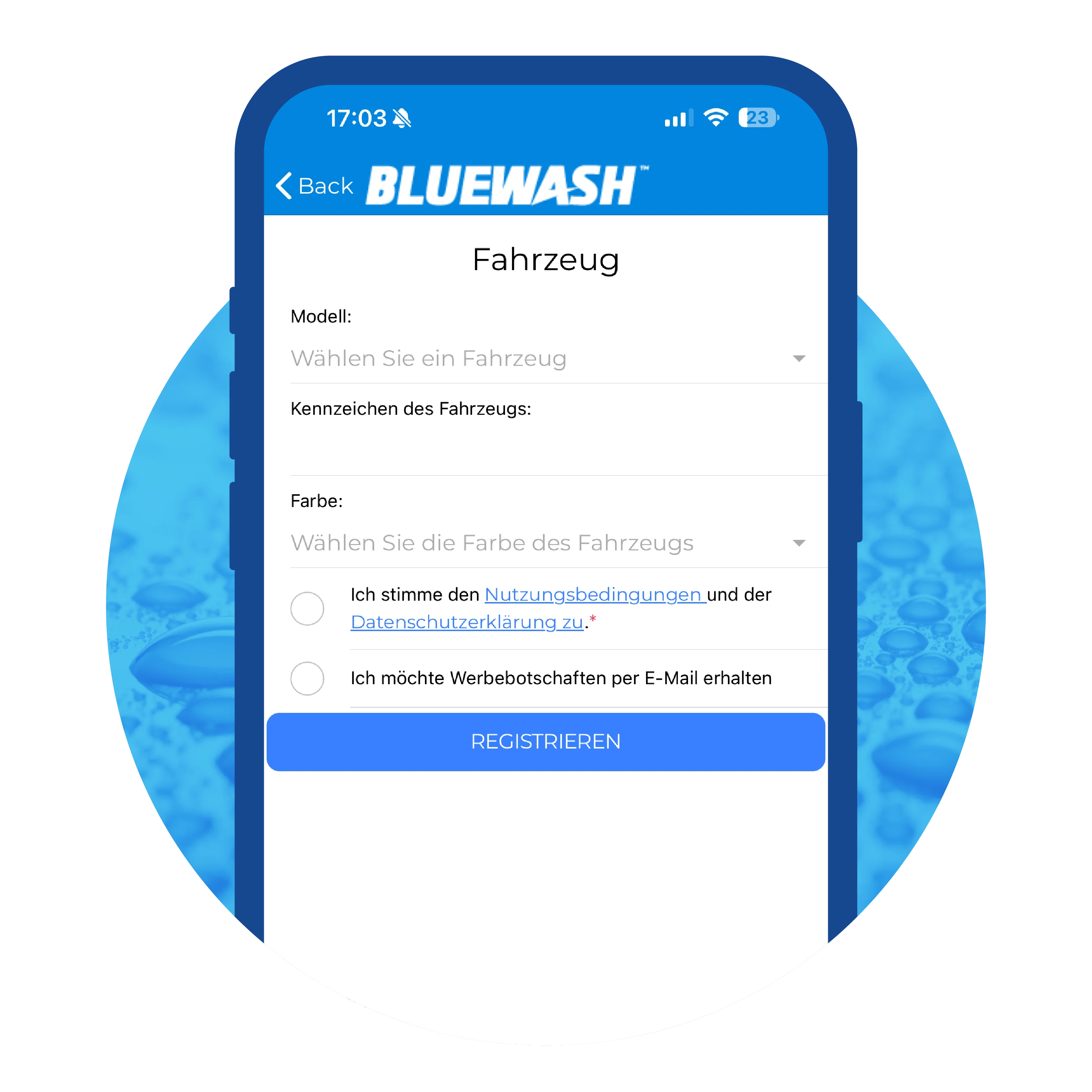 Bluewash App, Schritt 2: Fahrzeugdaten hinzufügen