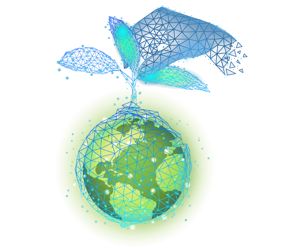 Bluewash ökologische Nachhaltigkeit: digitale Illustration eines Globus mit Pflanze und schützender Hand – Symbol für Wasserrecycling, intelligente Technologie und umweltbewusste Autowäsche